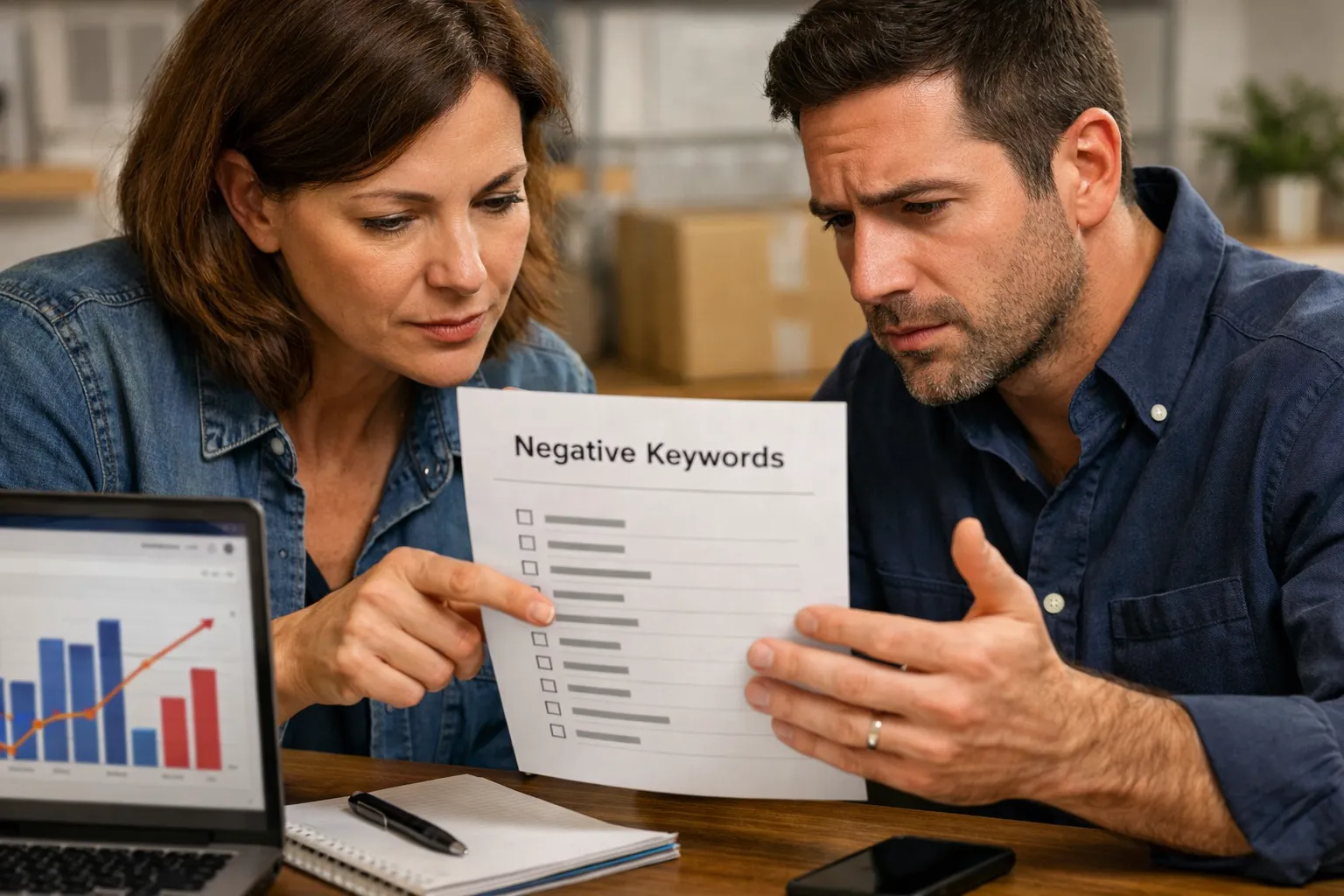 A business owner and marketer reviewing an advertising decision in their workplace.