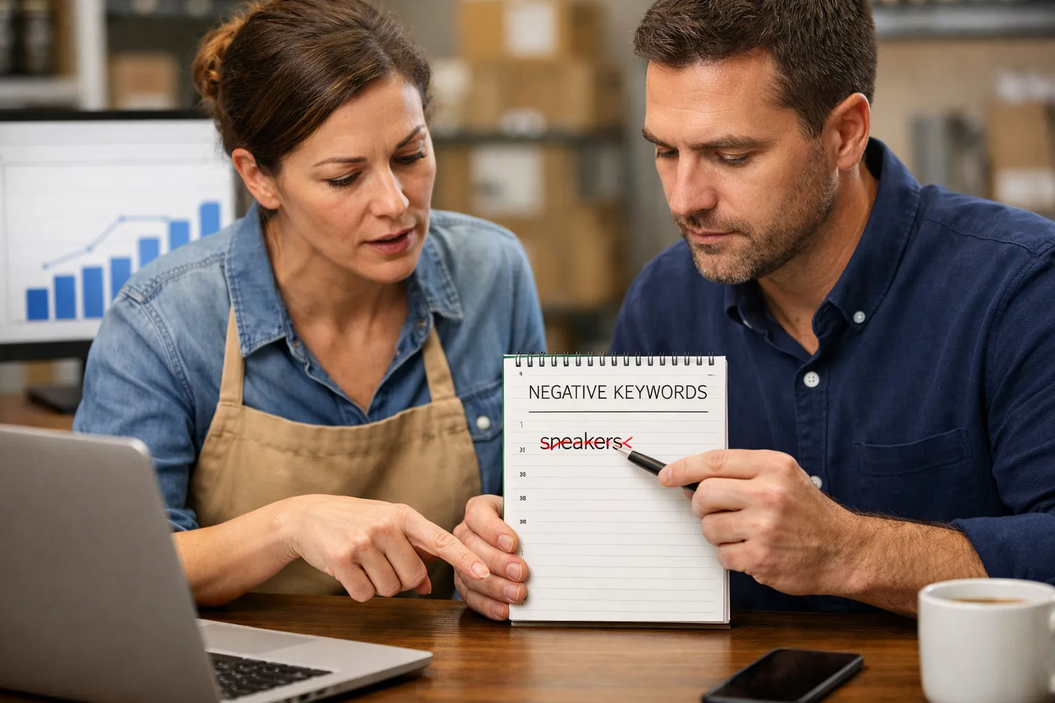 A business owner and marketer reviewing an advertising decision in their workplace.