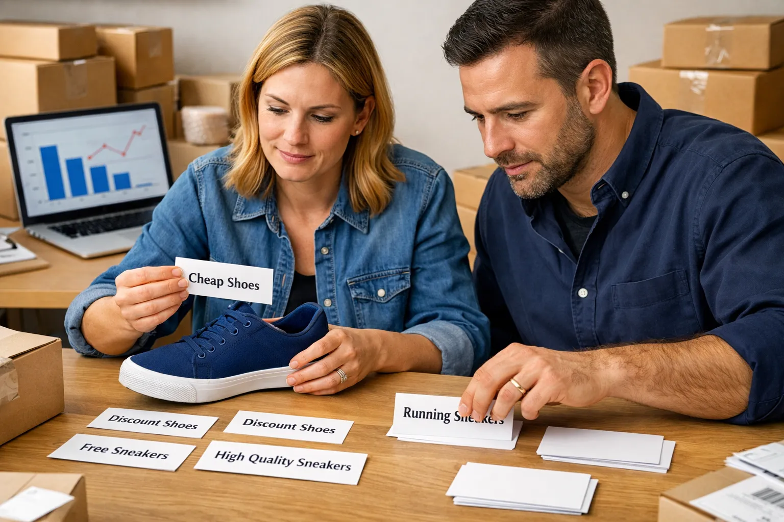 An ecommerce owner and marketer reviewing search-query cards beside products and customer orders.