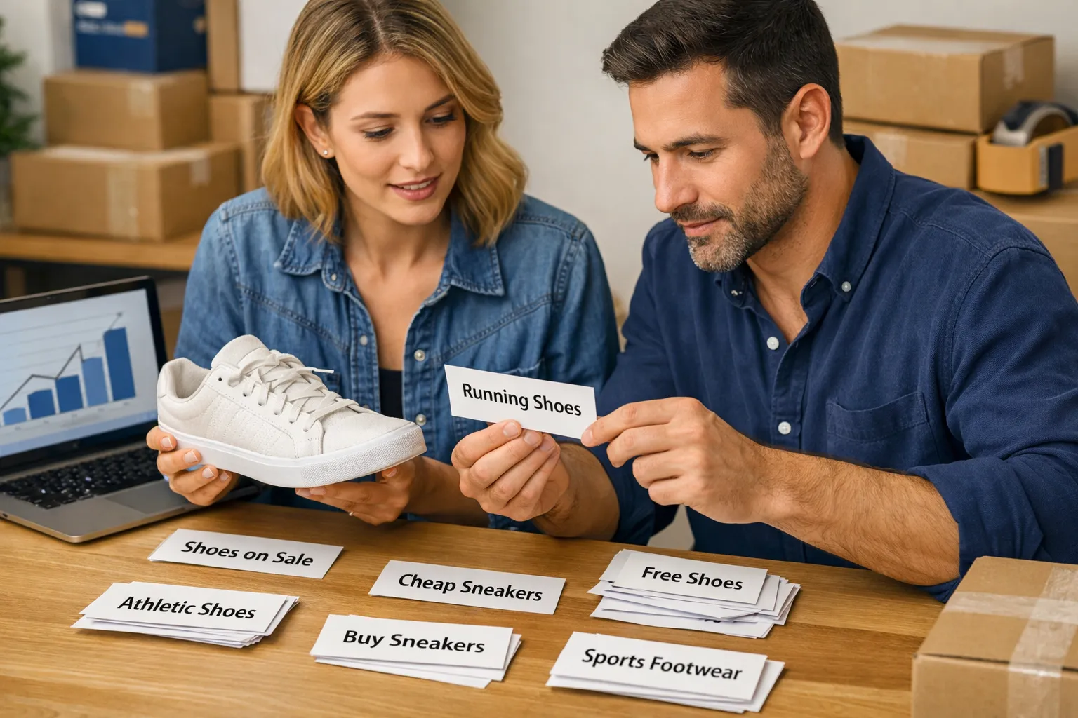 An ecommerce owner and marketer reviewing search-query cards beside products and customer orders.