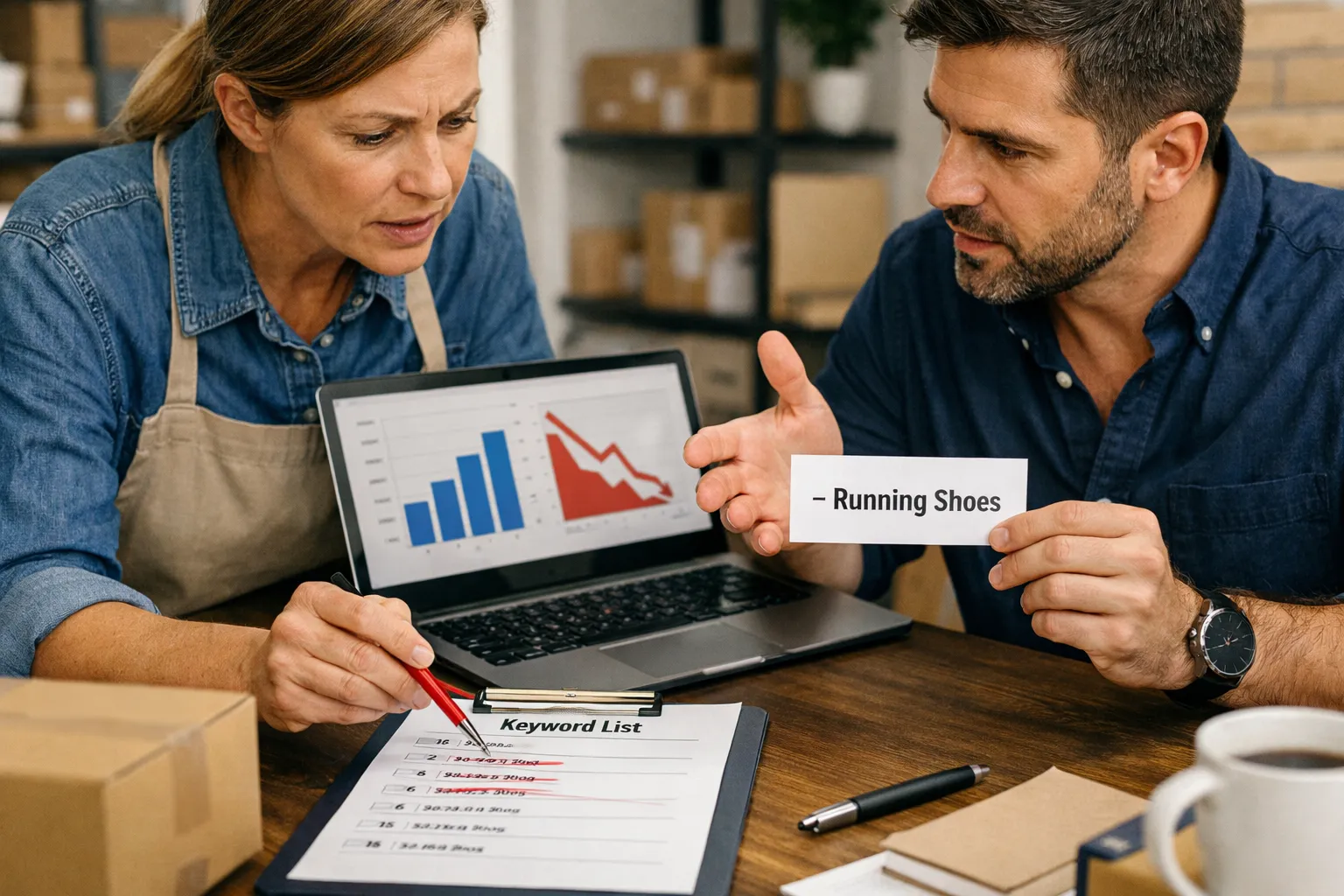 A business owner and marketer reviewing an advertising decision in their workplace.