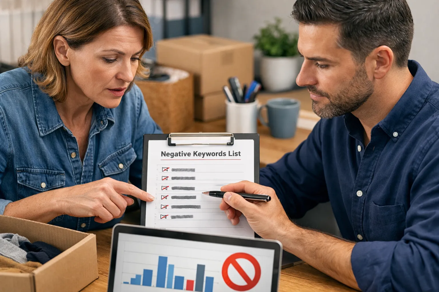 A business owner and marketer reviewing an advertising decision in their workplace.