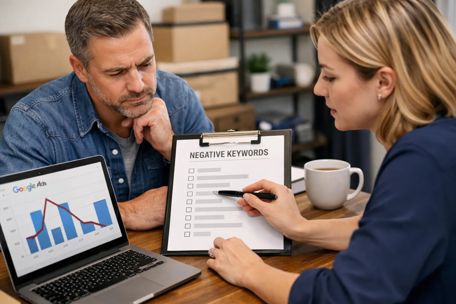 A business owner and marketer reviewing an advertising decision in their workplace.