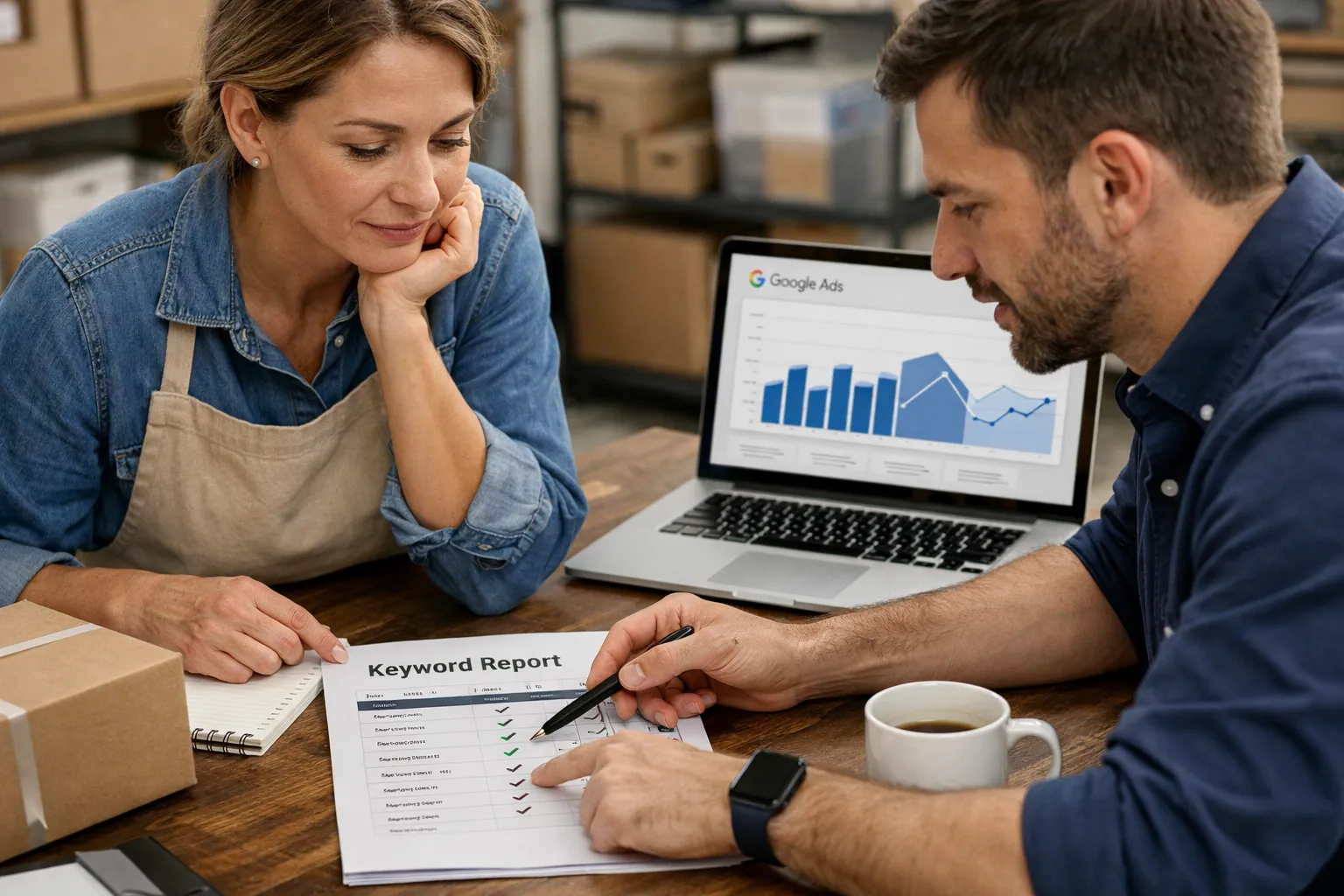 A business owner and marketer reviewing an advertising decision in their workplace.
