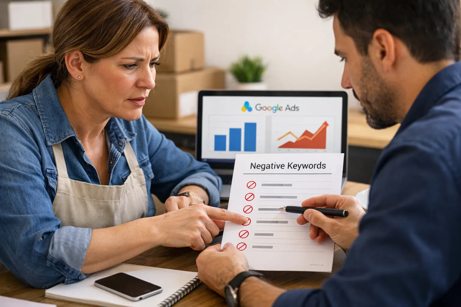A business owner and marketer reviewing an advertising decision in their workplace.