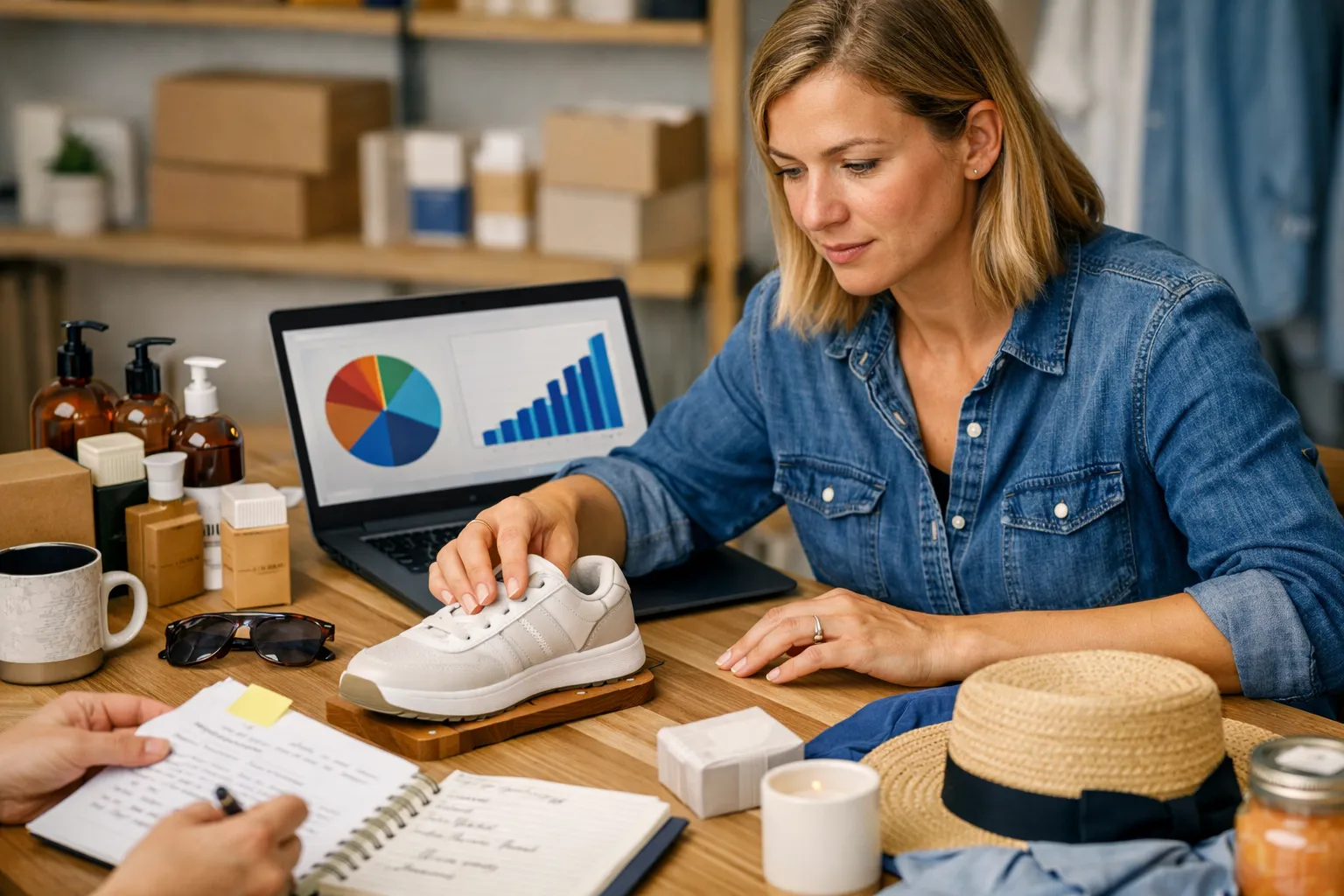 An online retailer reviewing product advertising beside merchandise and shipping packaging.