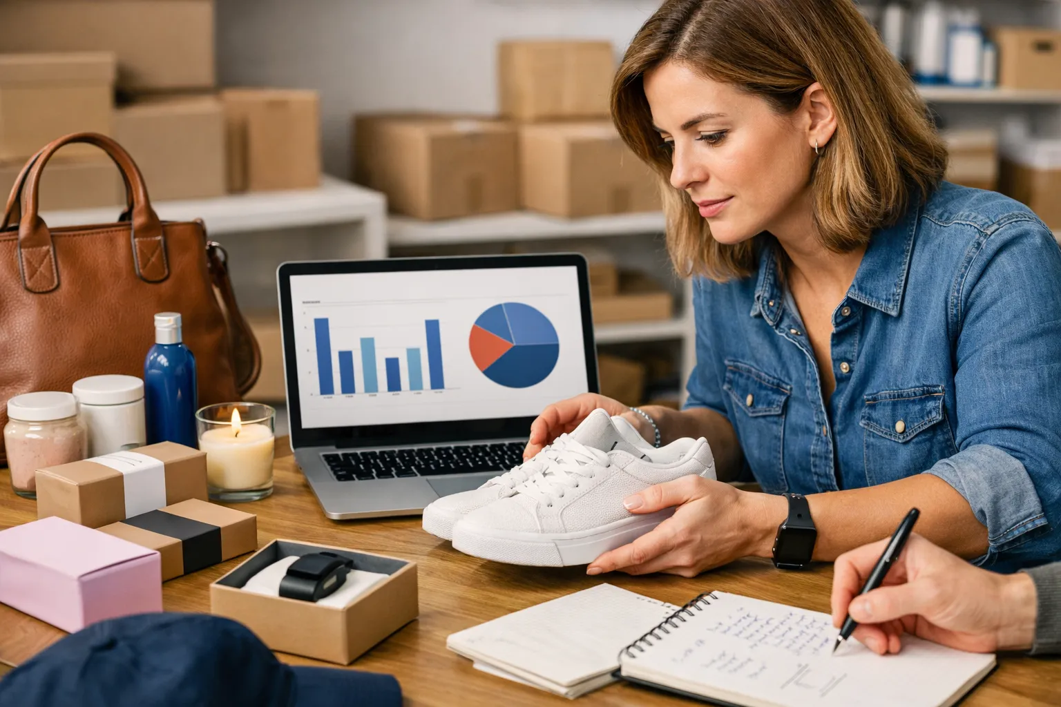 An online retailer reviewing product advertising beside merchandise and shipping packaging.