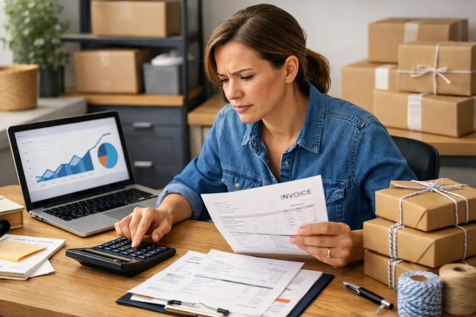 An ecommerce owner checking advertising invoices beside a laptop, calculator and packed orders.