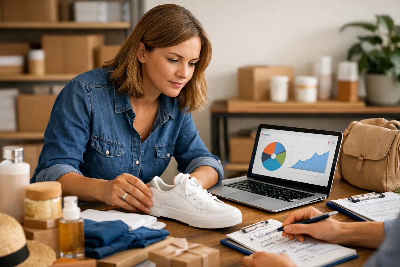 An online retailer reviewing product advertising beside merchandise and shipping packaging.