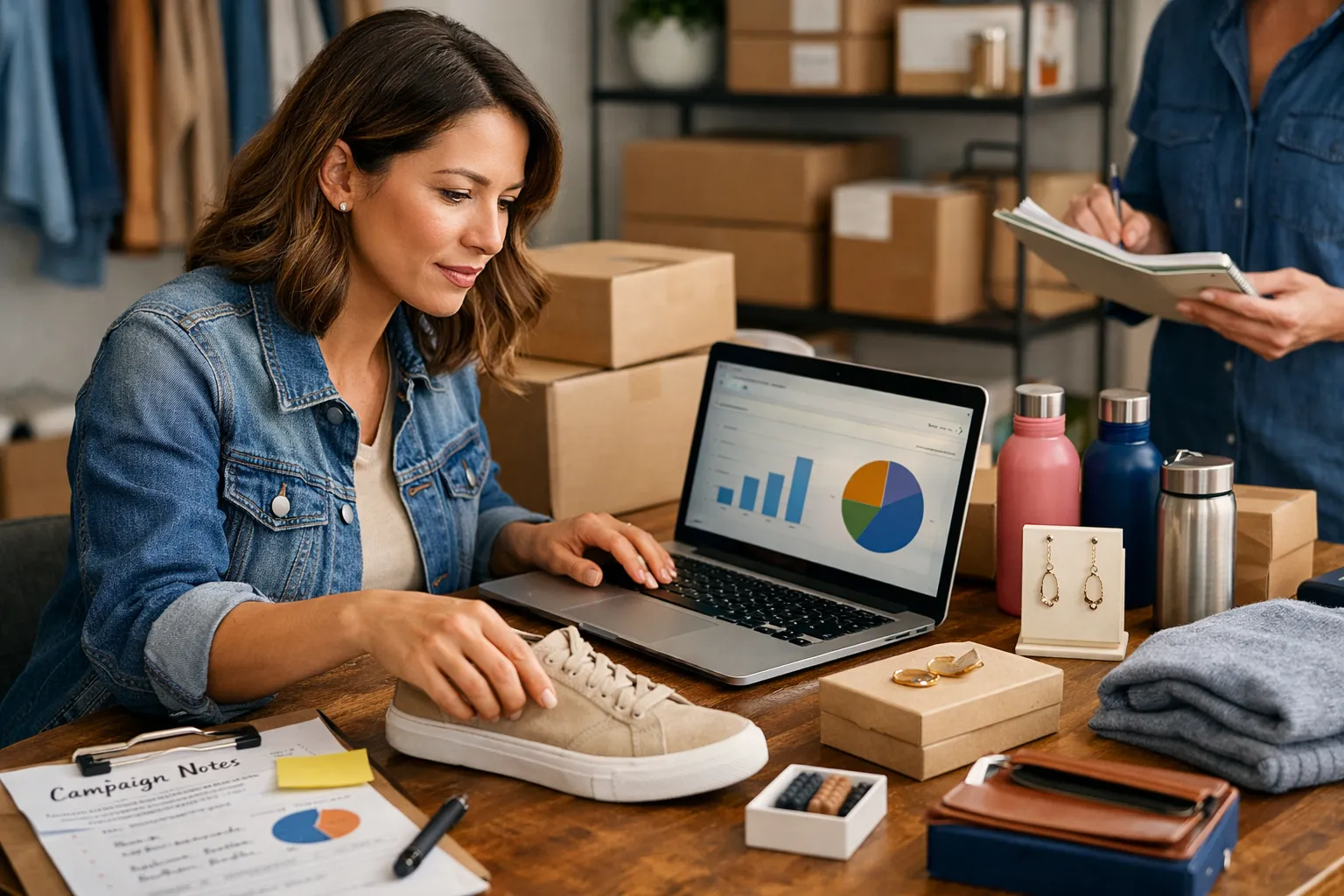 An online retailer reviewing product advertising beside merchandise and shipping packaging.