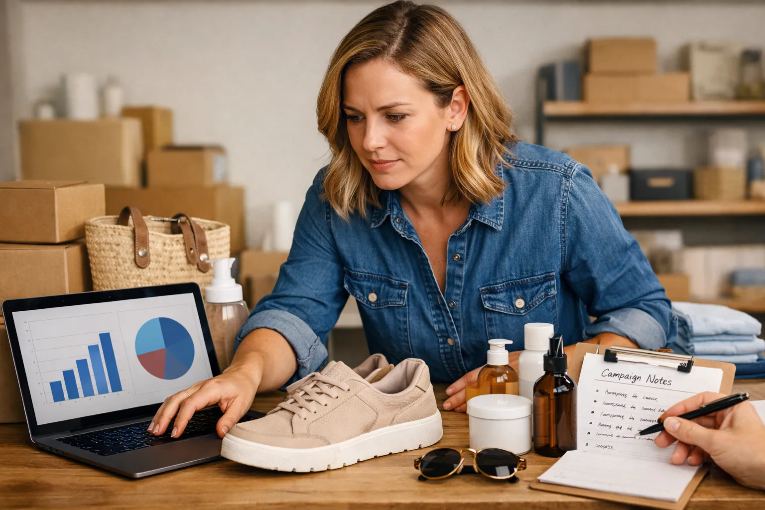 An online retailer reviewing product advertising beside merchandise and shipping packaging.