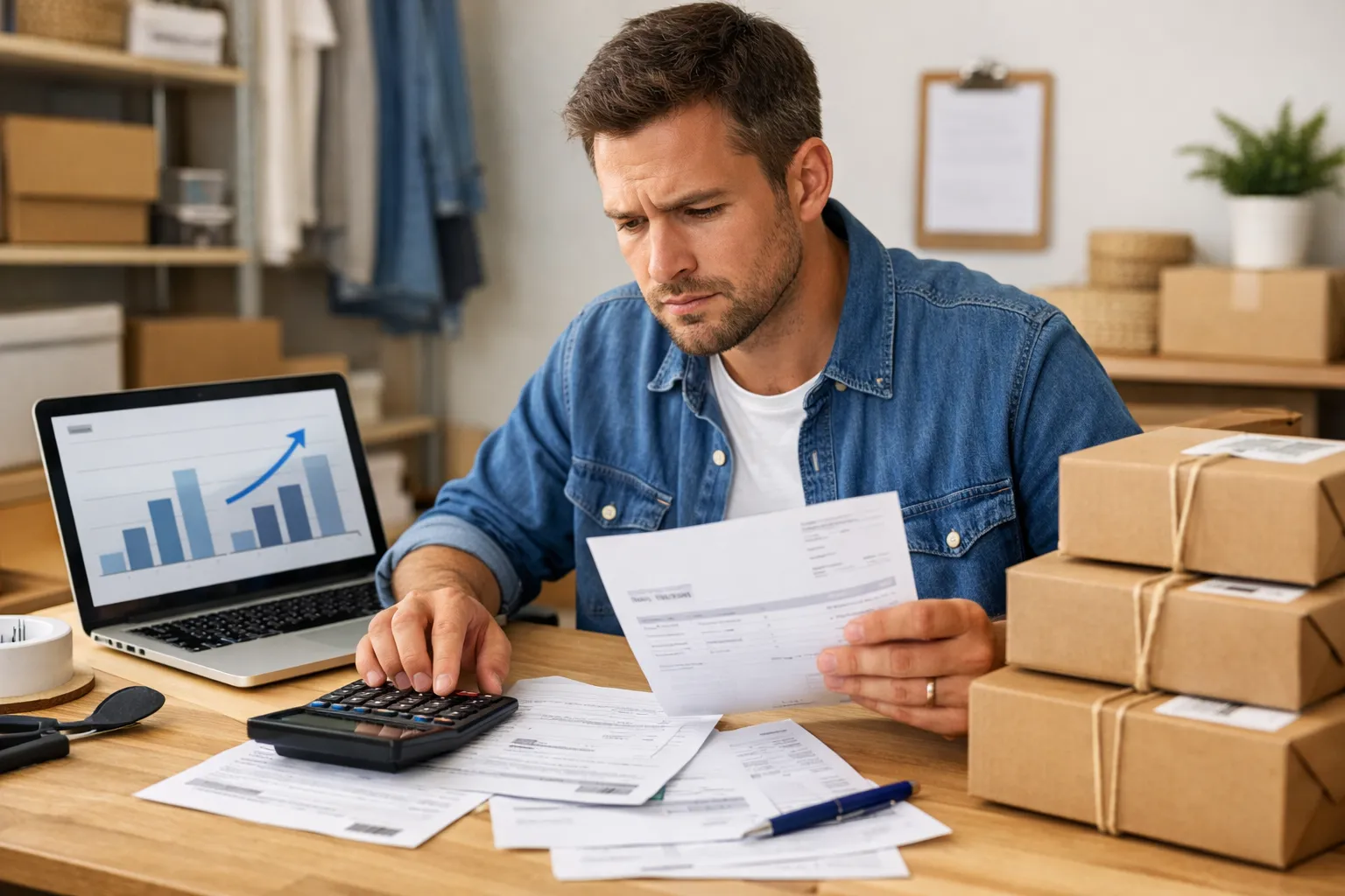An ecommerce owner checking advertising invoices beside a laptop, calculator and packed orders.