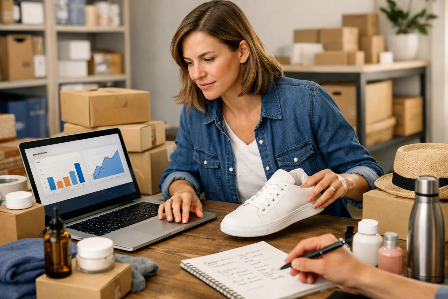 An online retailer reviewing product advertising beside merchandise and shipping packaging.