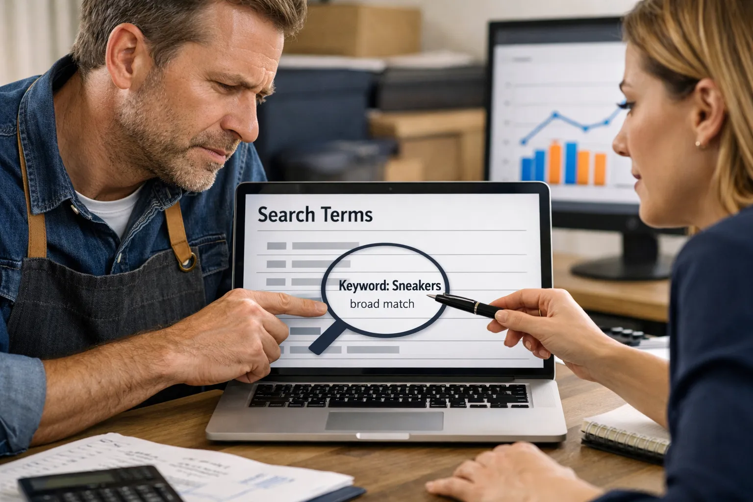 A business owner and marketer reviewing an advertising decision in their workplace.