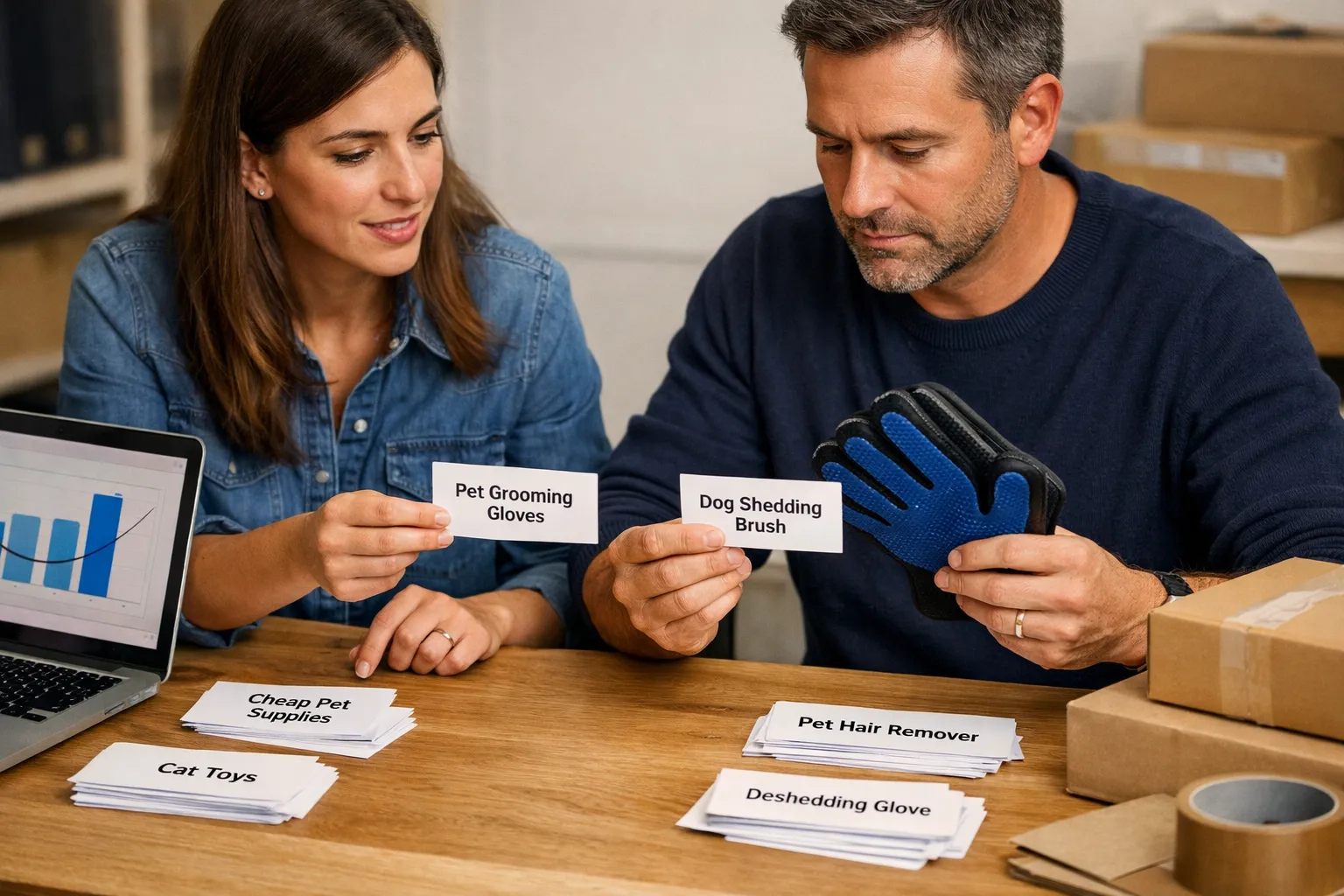 An ecommerce owner and marketer reviewing search-query cards beside products and customer orders.