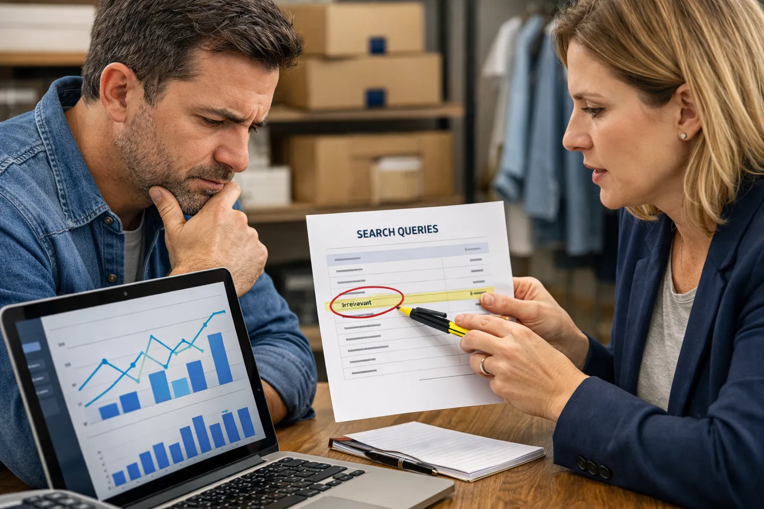 A business owner and marketer reviewing an advertising decision in their workplace.