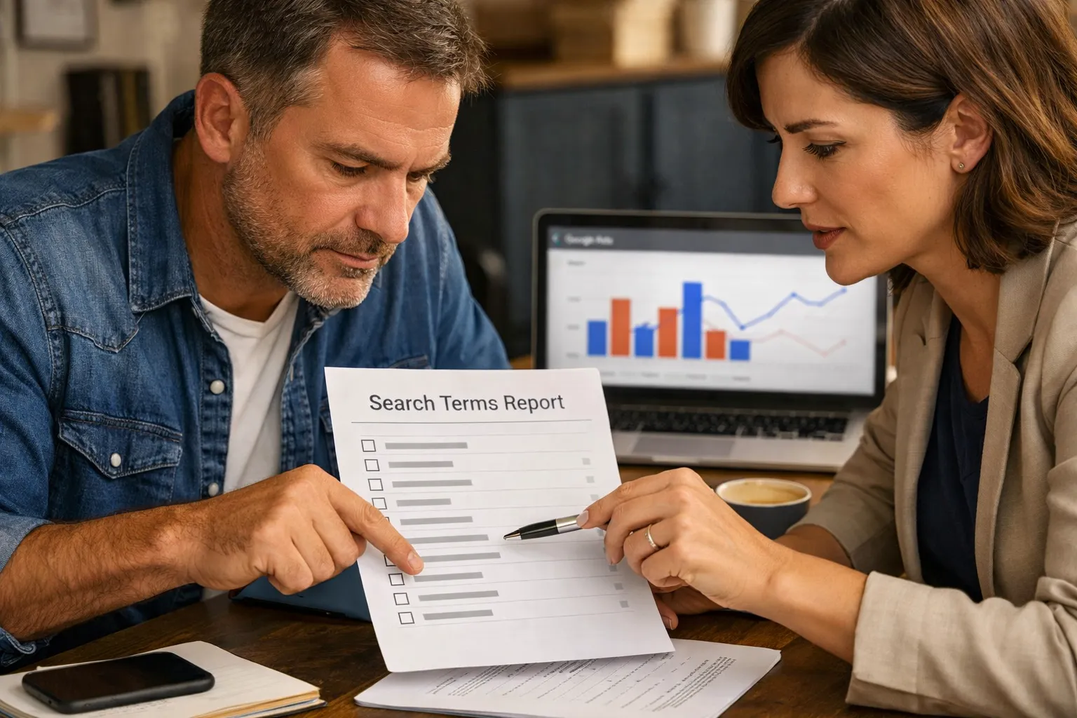 A business owner and marketer reviewing an advertising decision in their workplace.