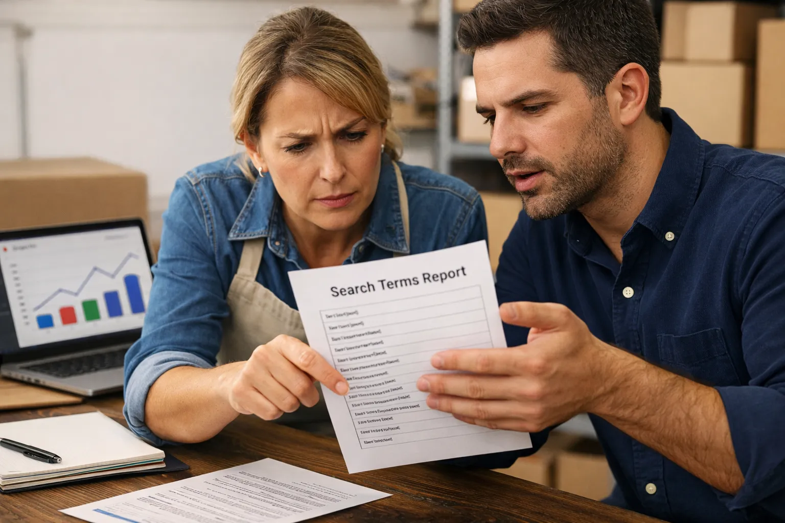 A business owner and marketer reviewing an advertising decision in their workplace.