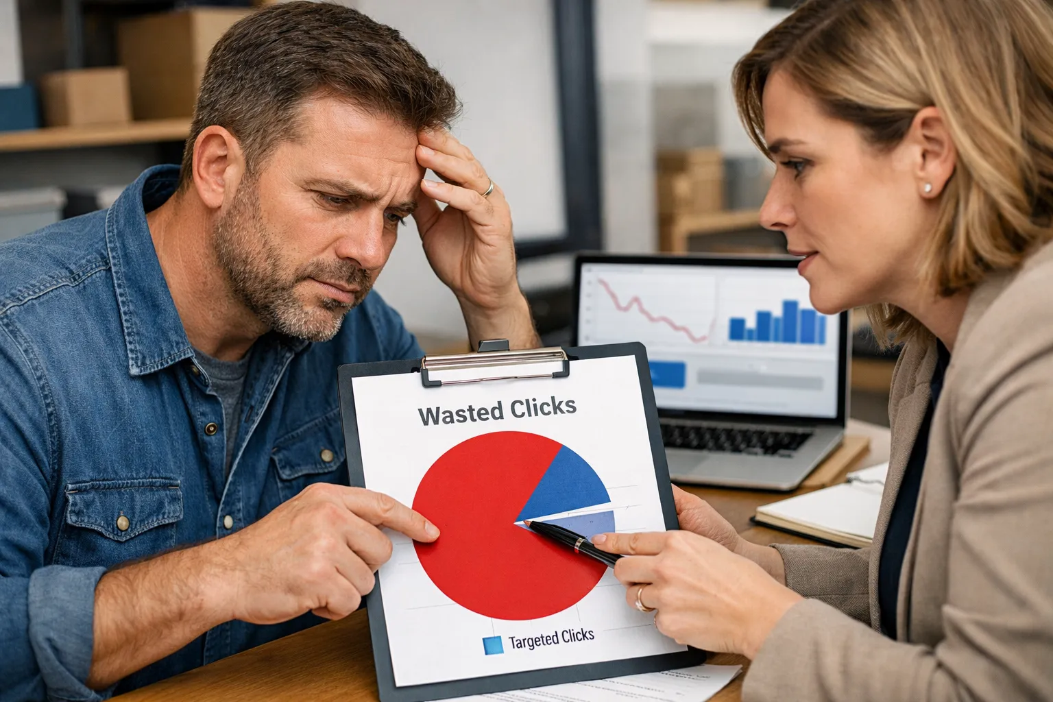 A business owner and marketer reviewing an advertising decision in their workplace.
