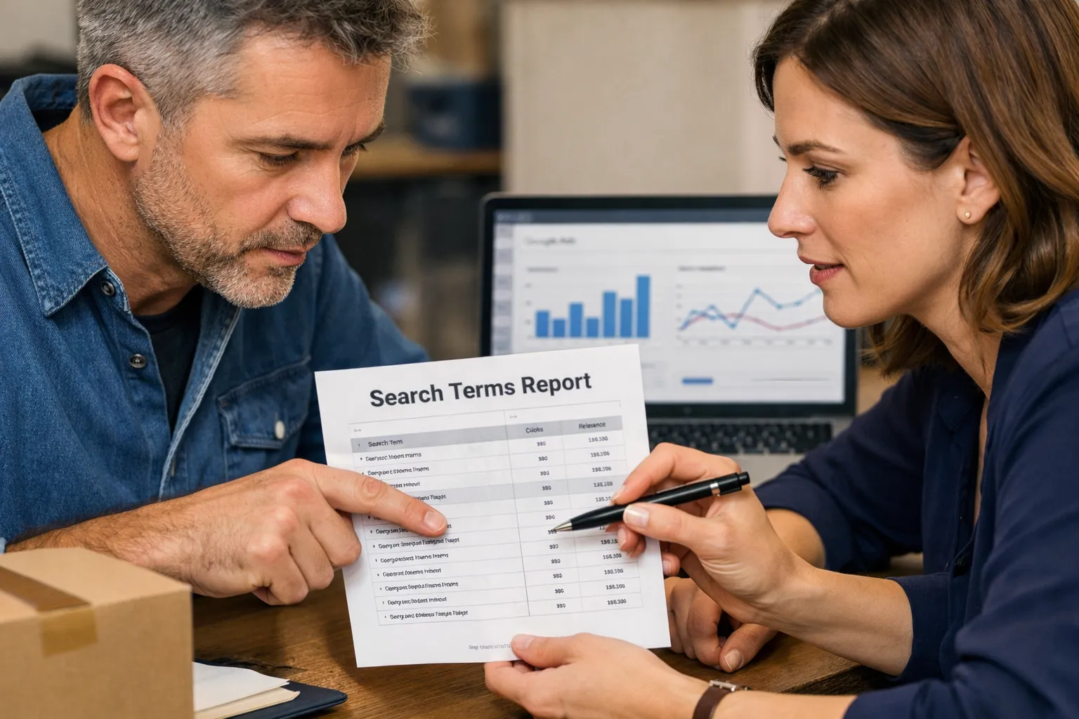 A business owner and marketer reviewing an advertising decision in their workplace.