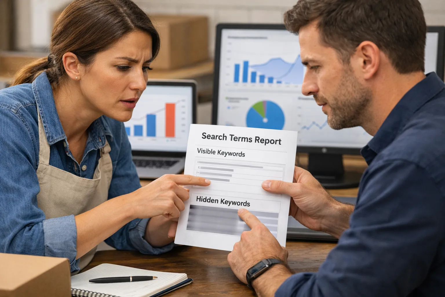 A business owner and marketer reviewing an advertising decision in their workplace.