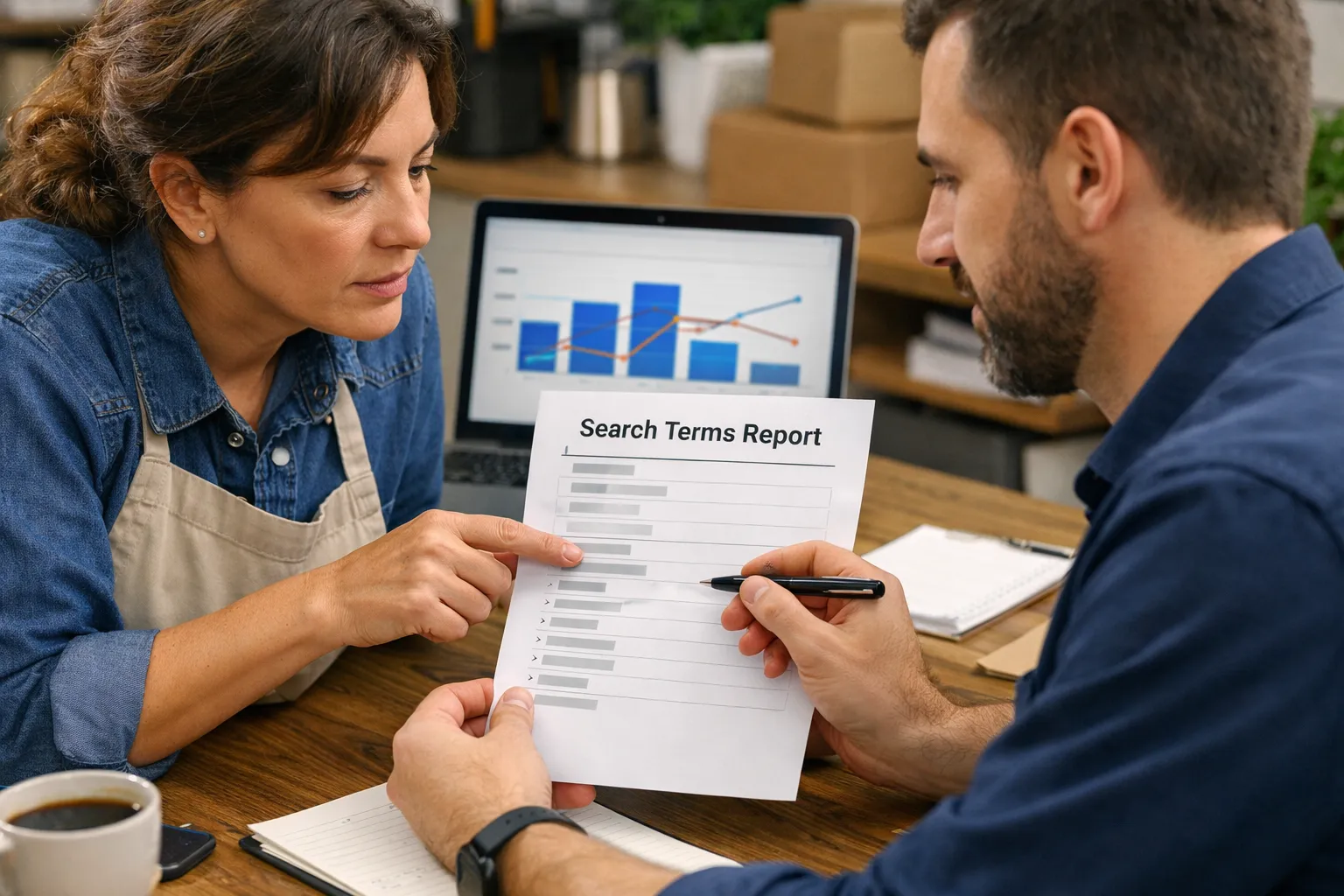 A business owner and marketer reviewing an advertising decision in their workplace.