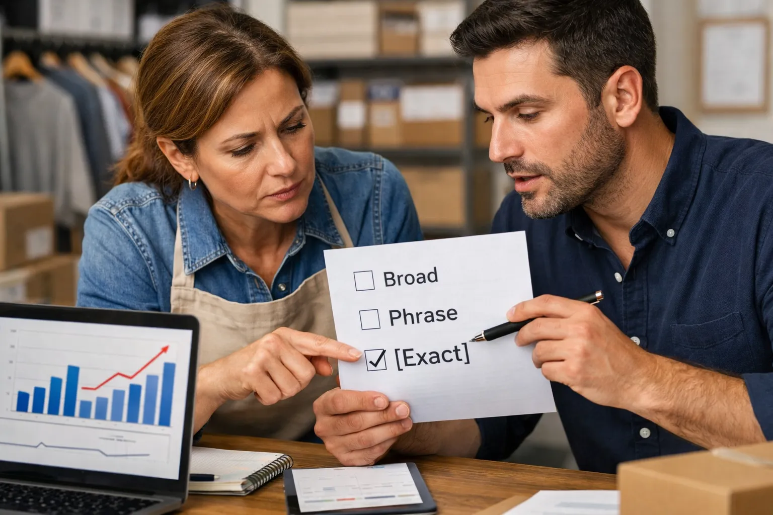 A business owner and marketer reviewing an advertising decision in their workplace.