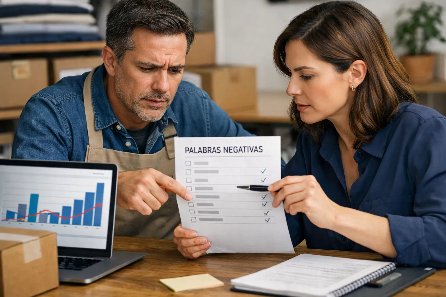 A business owner and marketer reviewing an advertising decision in their workplace.