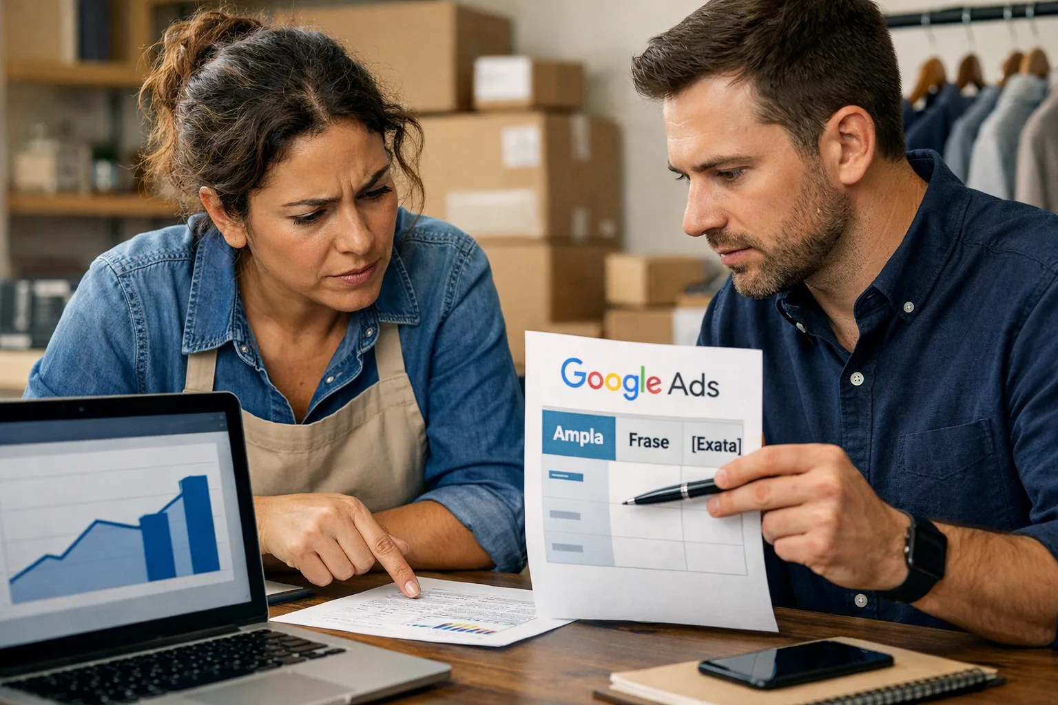 A business owner and marketer reviewing an advertising decision in their workplace.