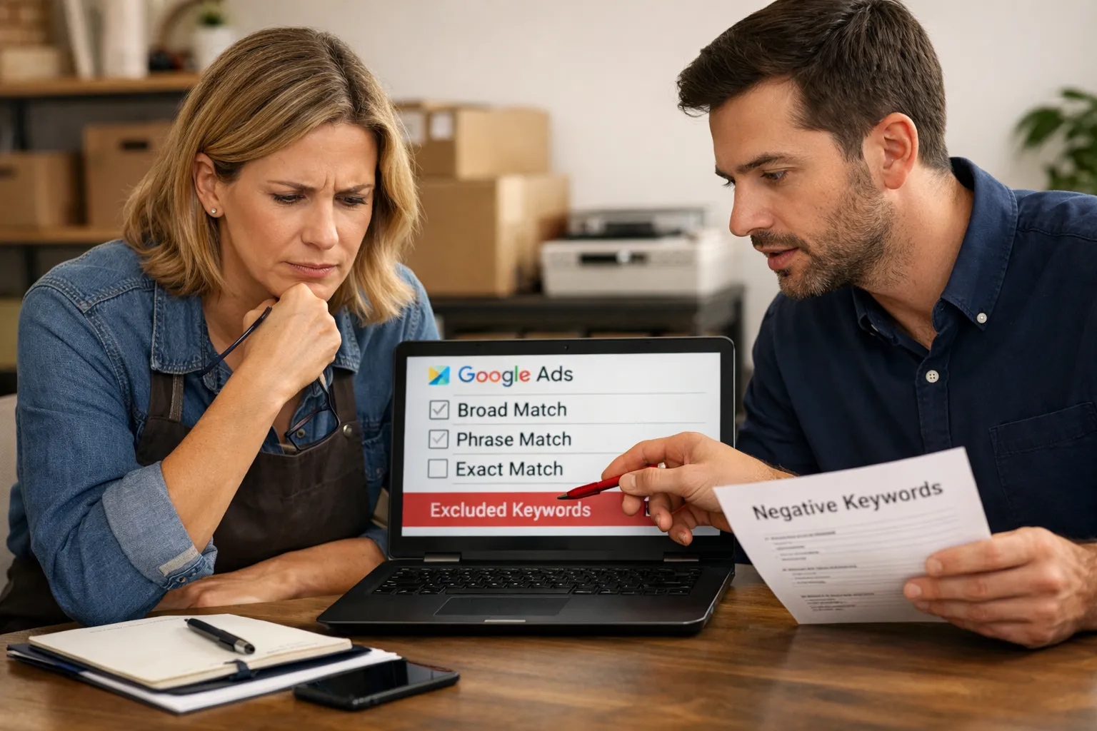A business owner and marketer reviewing an advertising decision in their workplace.