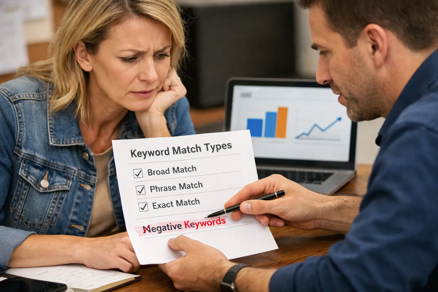 A business owner and marketer reviewing an advertising decision in their workplace.
