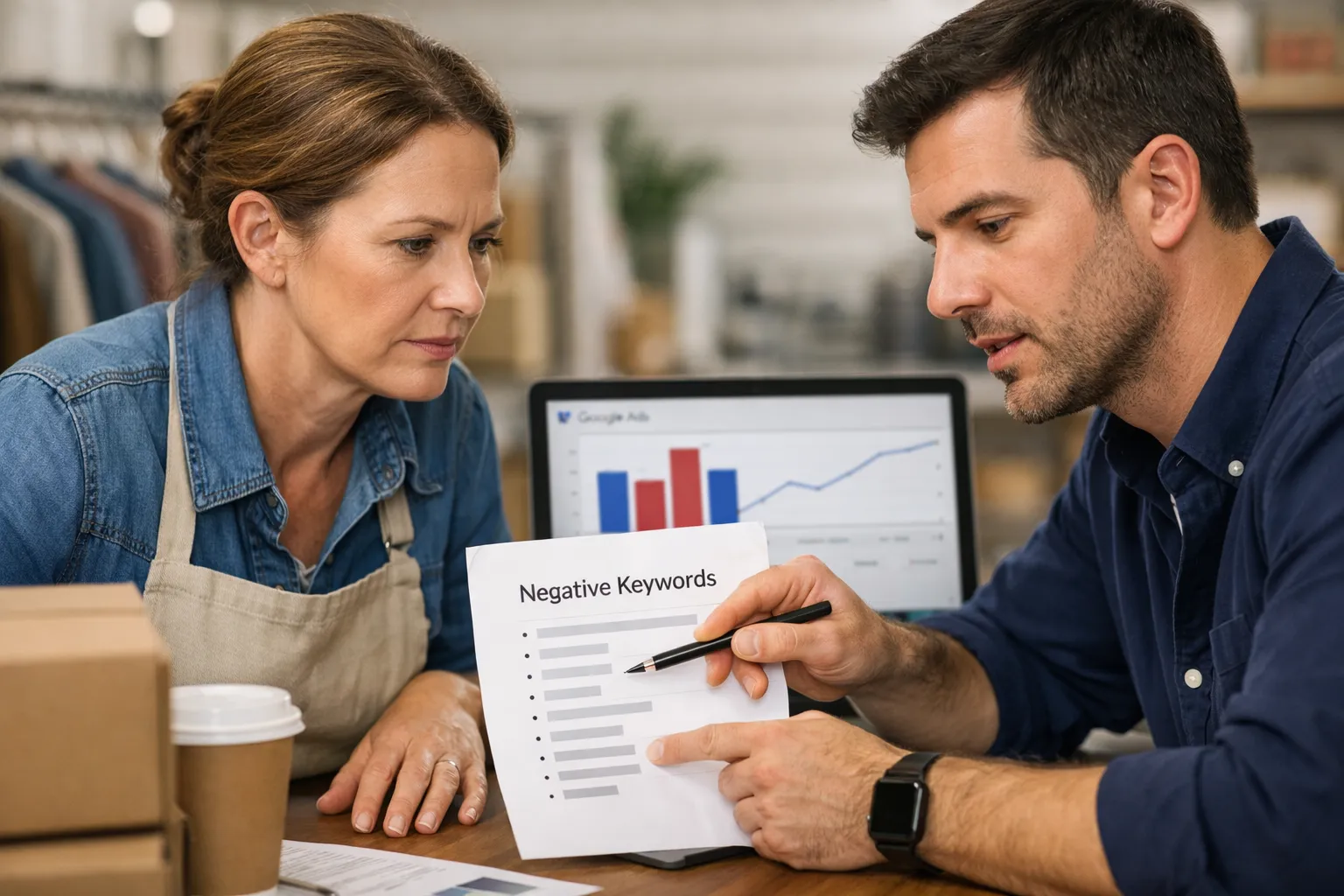 A business owner and marketer reviewing an advertising decision in their workplace.
