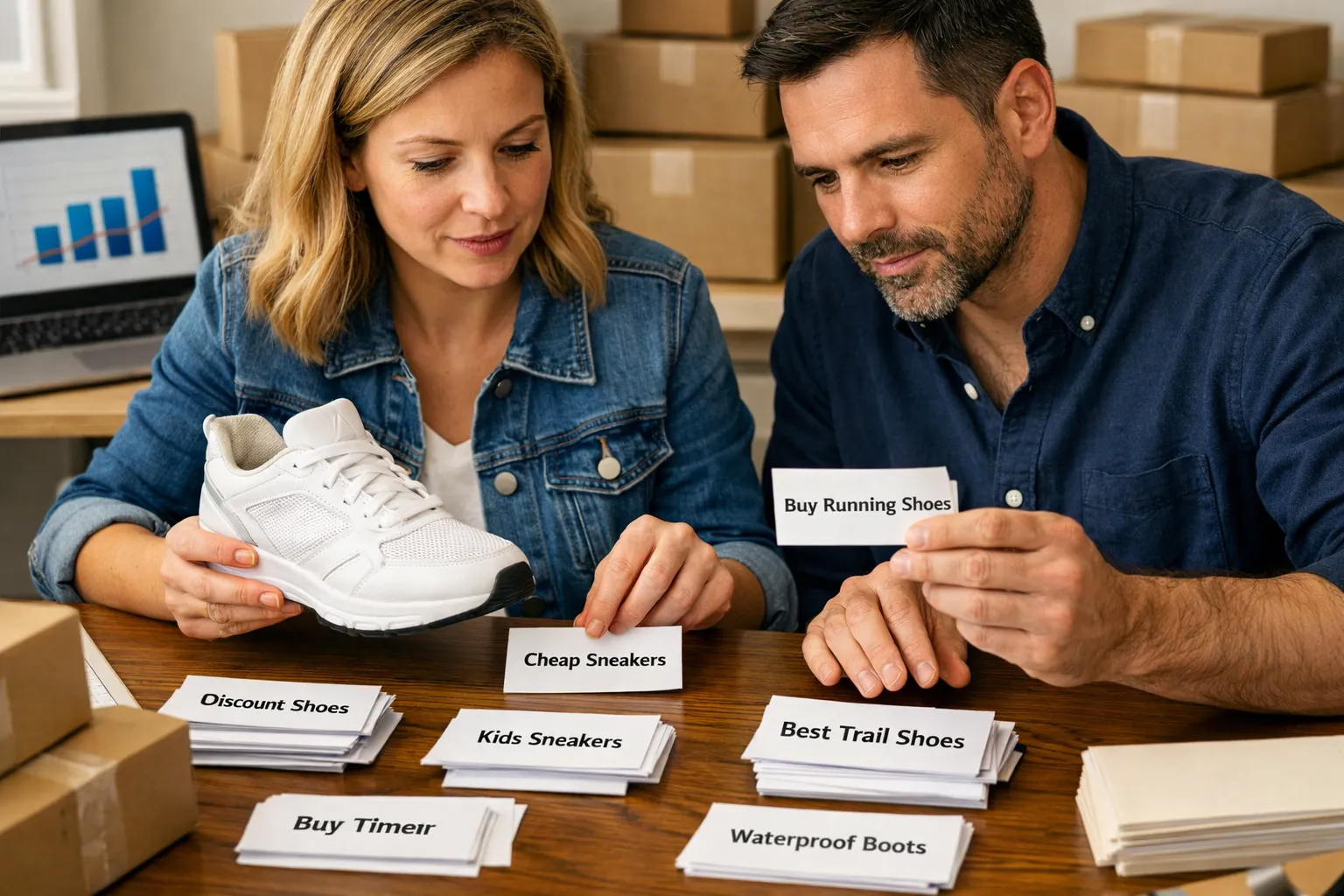 An ecommerce owner and marketer reviewing search-query cards beside products and customer orders.