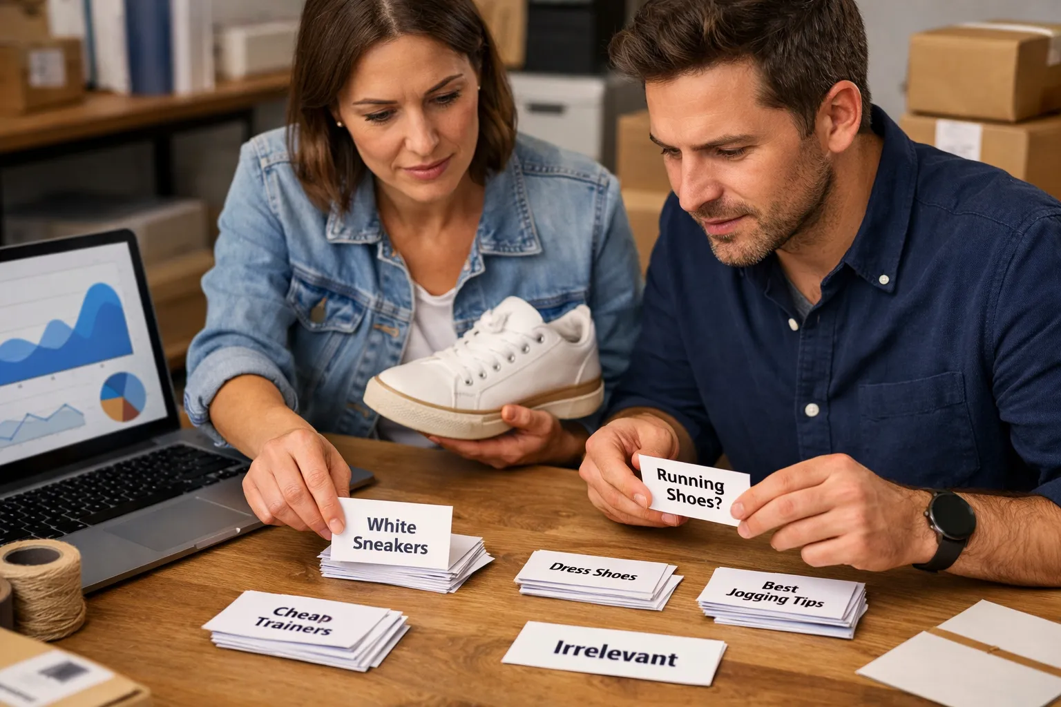 An ecommerce owner and marketer reviewing search-query cards beside products and customer orders.