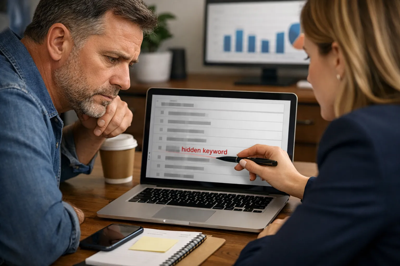 A business owner and marketer reviewing an advertising decision in their workplace.